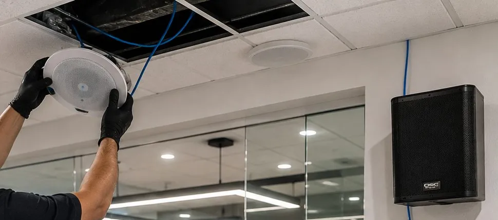 Sonos installation Douglaston, Queens: gloved hands holding a round ceiling speaker up to an open ceiling tile with blue cable hanging down, a black wall speaker mounted at the right