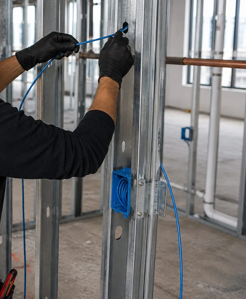 Sonos installation Douglaston, Queens: gloved hands threading a blue cable through a hole in a metal stud above a blue electrical box in an open wall frame