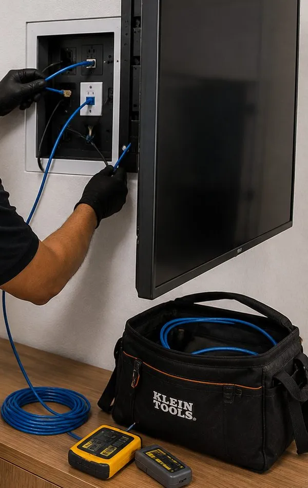 Sonos installation Douglaston, Queens: gloved hands connecting cables inside a recessed wall box behind a wall-mounted flat-screen, with a coil of blue cable and a tool bag on a sideboard