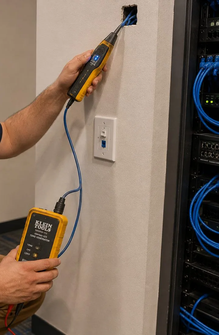 Sonos installation Douglaston, Queens: a hand holding a yellow tone tracer probe to cables in a small wall opening, its lead running down to a tone generator held lower