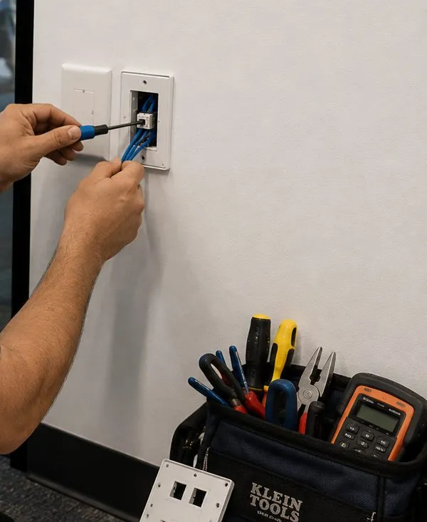 Sonos installation Douglaston, Queens: hands using a small screwdriver on a network jack in a white wall plate, a tool bag with pliers and a meter below