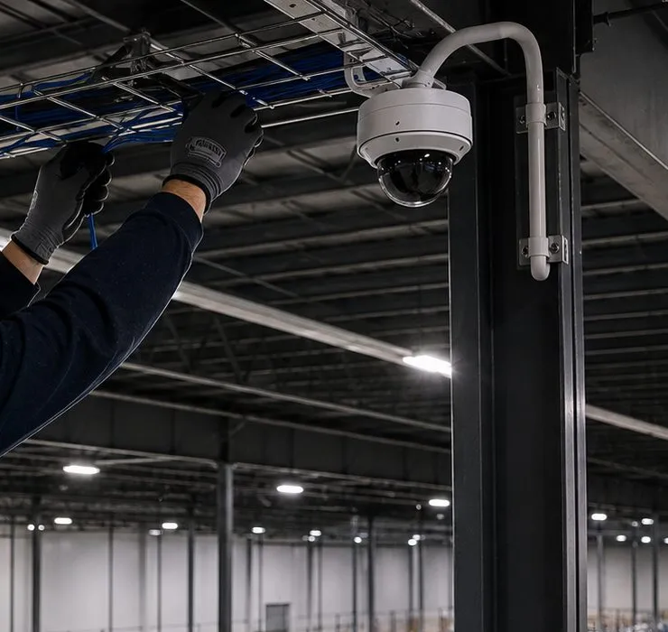 Cable laid in a basket tray under a high roof — Dutchess County long cable runs Gloved hands laying blue cable into a wire basket tray under a high steel roof beside a white dome camera, long cable run in a tall open building in Dutchess County