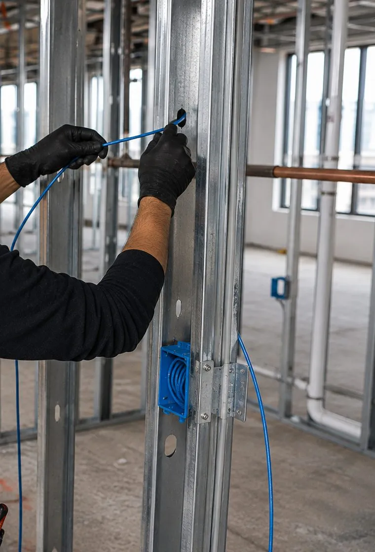 Cable drawn through an open stud toward a wall box — Dutchess County Sonos wiring Gloved hands pulling blue cable through a hole in a steel stud toward a blue electrical box, open-wall cable route for Sonos speakers in Dutchess County