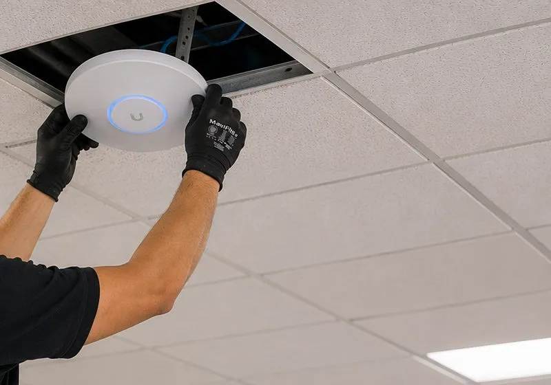 Ceiling access point going up — Dutchess County Sonos network groundwork Gloved hands pressing a white disc-shaped Wi-Fi access point into an open ceiling panel, network groundwork for Sonos installation in Dutchess County old houses