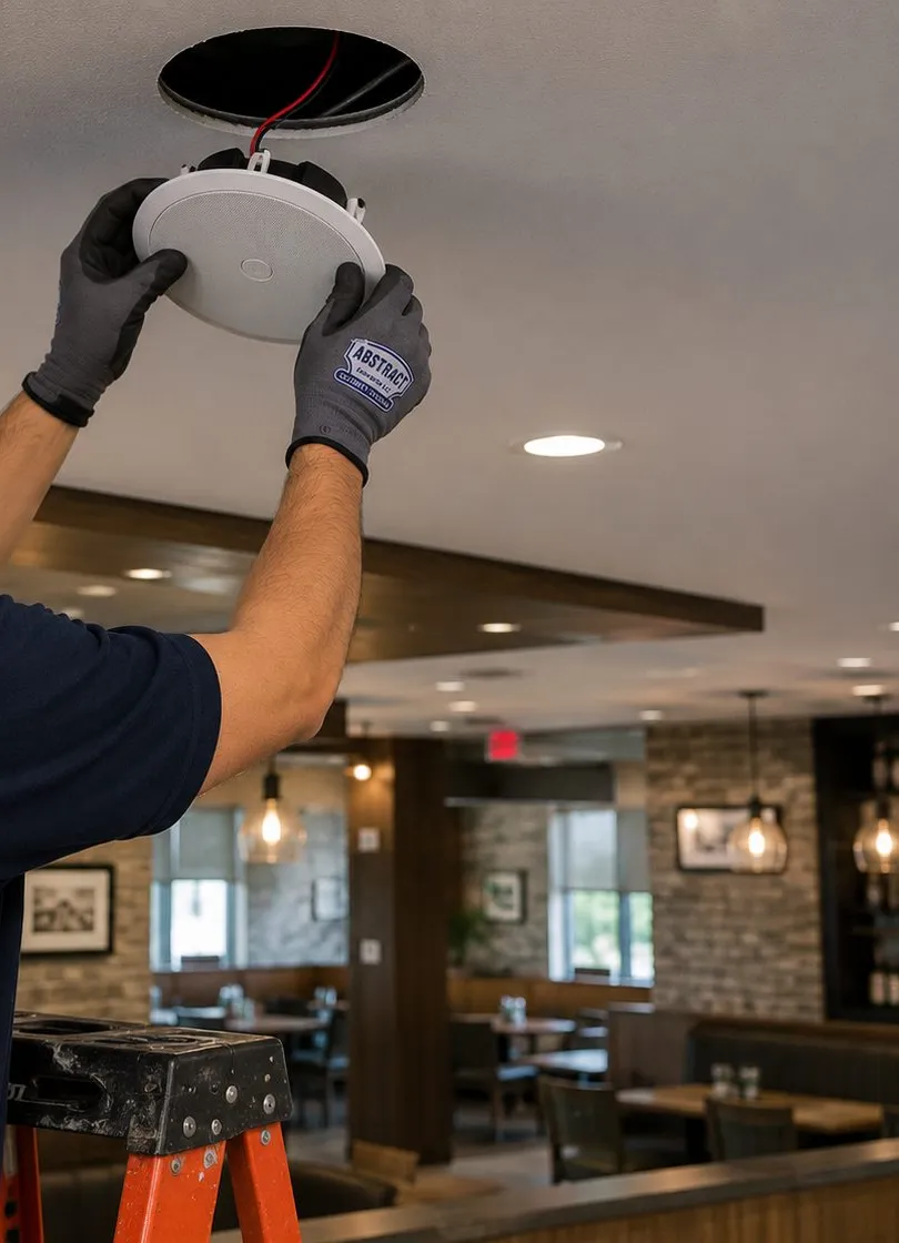 Ceiling speaker pressed into a dining room cut-out — Dutchess County commercial Sonos Gloved hands pressing a round white speaker up into a circular ceiling cut-out above a restaurant dining room, commercial Sonos ceiling speaker installation in Dutchess County