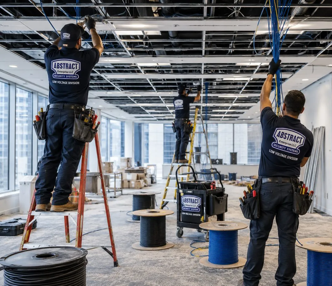 Crew pulling cable into an open ceiling — Dutchess County multi-room Sonos cabling Crew of technicians on ladders pulling blue and black cable from floor spools up into an open ceiling grid, multi-room cabling for larger Sonos installations in Dutchess County