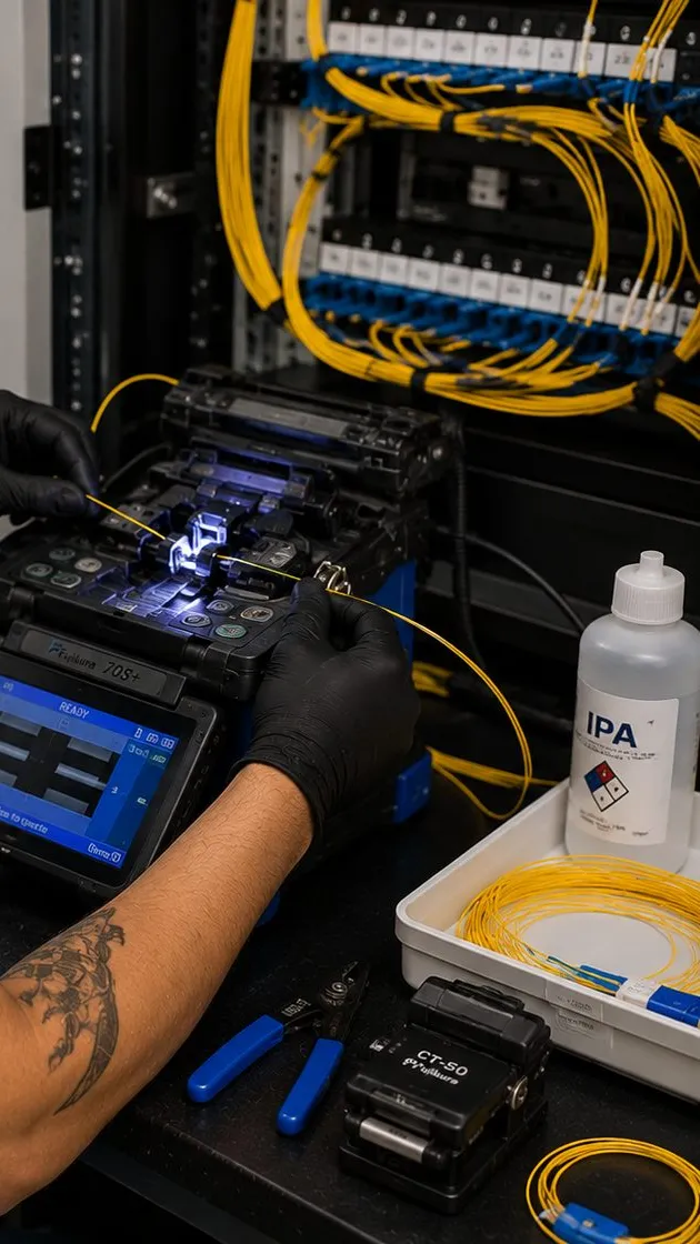 Fusion splicer joining fiber for a building-to-building link — Dutchess County Sonos Gloved hands loading yellow optical fiber into a fusion splicer in front of a fiber patch rack, the kind of glass link used to bring Sonos to a barn in Dutchess County