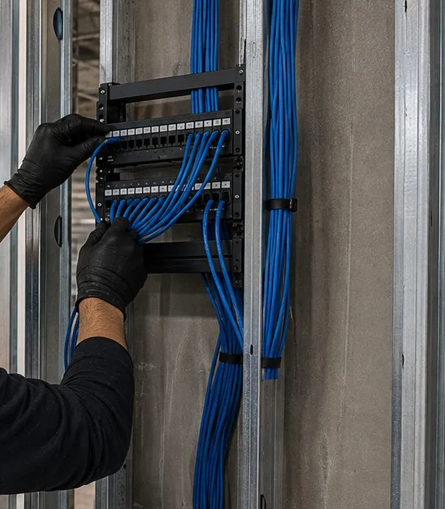 Small patch panel on open studs — Dutchess County Sonos network backbone Gloved hands seating blue cables into a small patch panel mounted between steel studs, a wired backbone for Sonos rooms in a Dutchess County building
