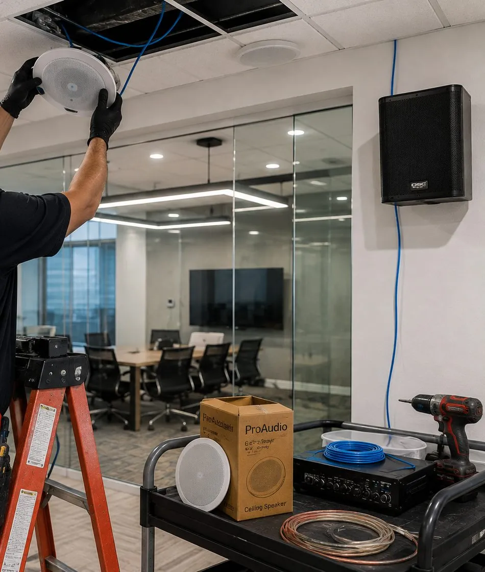 Round ceiling speaker lifted into an open tile — Sonos installation Dutchess County Gloved hands lifting a round white ceiling speaker up to an open ceiling tile on its blue cable, beside a wall speaker and a cart of ceiling speaker parts, Sonos installation Dutchess County