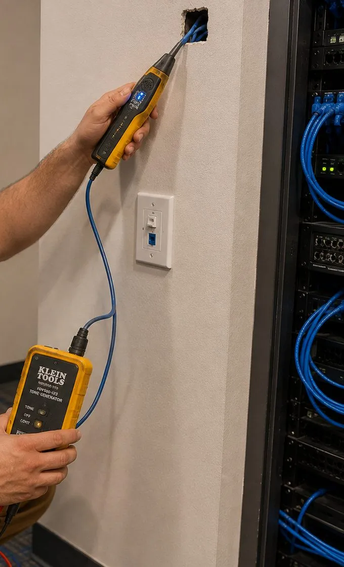 Tone probe tracing cable at a wall opening — Dutchess County Sonos wire survey Hand holding a yellow tone probe against blue cables coming out of a wall opening while the other hand holds a tone generator, tracing existing wire before Sonos work in Dutchess County
