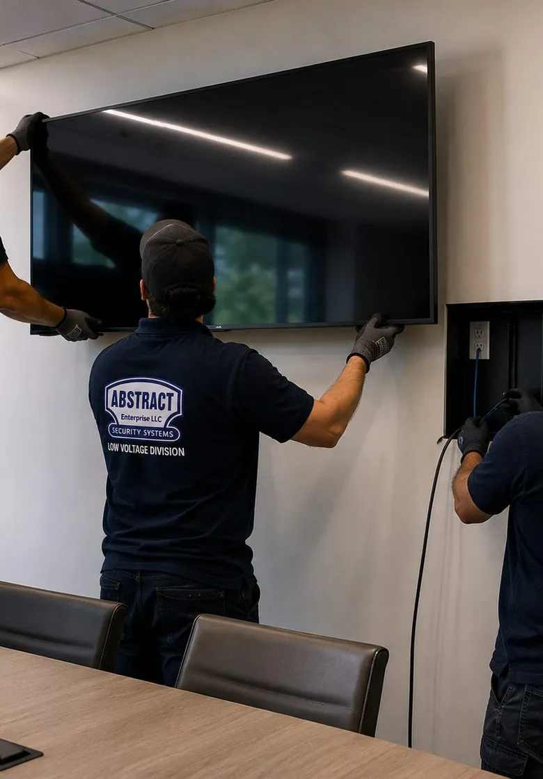 TV hung above a recessed cable box — Dutchess County Sonos soundbar wall Technicians lifting a large flat TV onto a wall while another feeds cable into a recessed outlet box below, TV wall preparation for a Sonos soundbar in Dutchess County