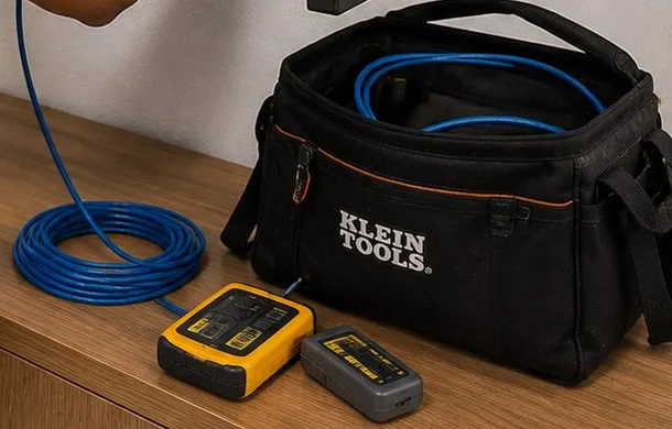Sonos installation Forest Hills, Queens: coil of blue network cable and two handheld cable testers on a wooden cabinet beside an open black tool bag
