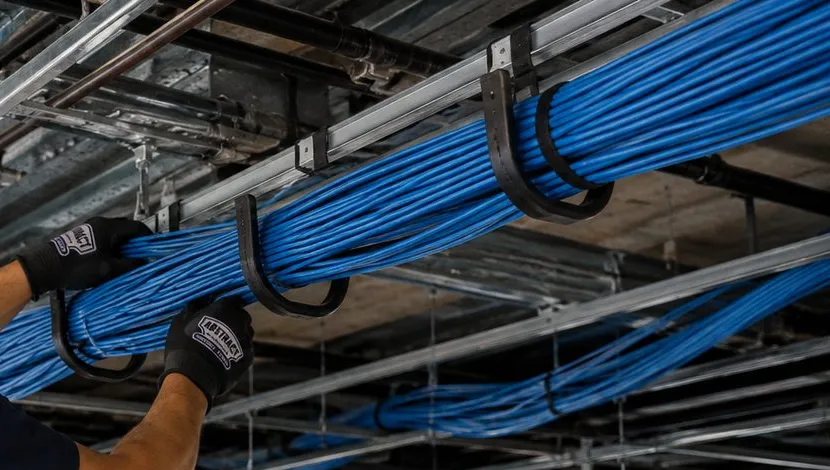 Sonos installation Forest Hills, Queens: thick bundle of blue network cable carried in black J-hooks under an open ceiling, gloved hands guiding it