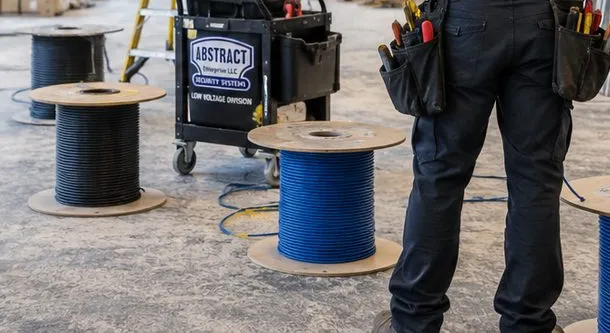 Sonos installation Forest Hills, Queens: spools of blue and black cable standing on a dusty floor beside a tool cart, a technician's legs and tool belt at the right