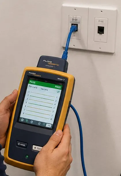 Sonos installation Forest Hills, Queens: handheld cable tester showing a pass screen, plugged by blue cable into a white data wall plate