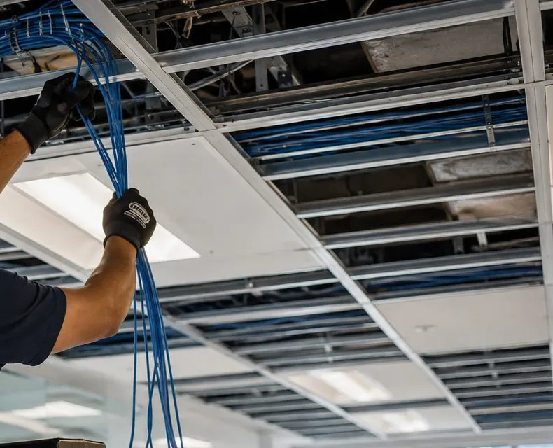 Sonos installation Forest Hills, Queens: gloved hands feeding a bunch of blue cables up into an opened suspended ceiling grid with tiles removed
