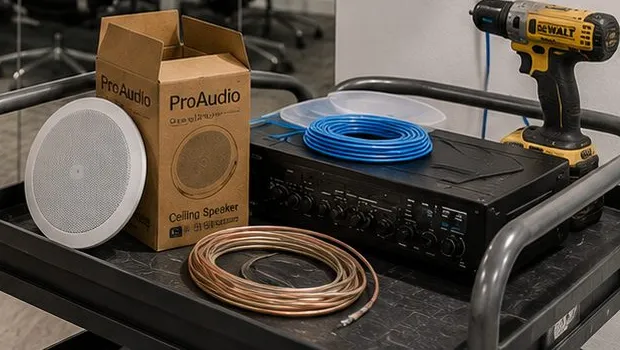 Sonos installation Forest Hills, Queens: rolling cart holding a round ceiling speaker, its cardboard box, an amplifier, a coil of blue cable, copper speaker wire and a cordless drill