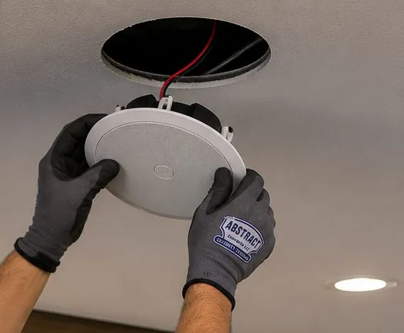Sonos installation Forest Hills, Queens: two gloved hands raising a round white in-ceiling speaker toward a circular ceiling opening with a red lead hanging inside