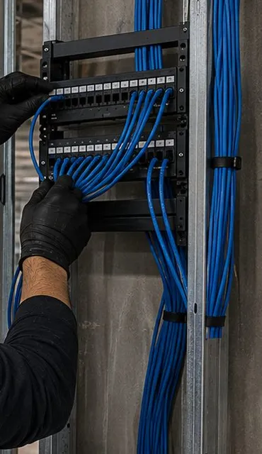 Sonos installation Forest Hills, Queens: black-gloved hands dressing blue patch leads into a wall-mounted patch panel fixed between steel studs
