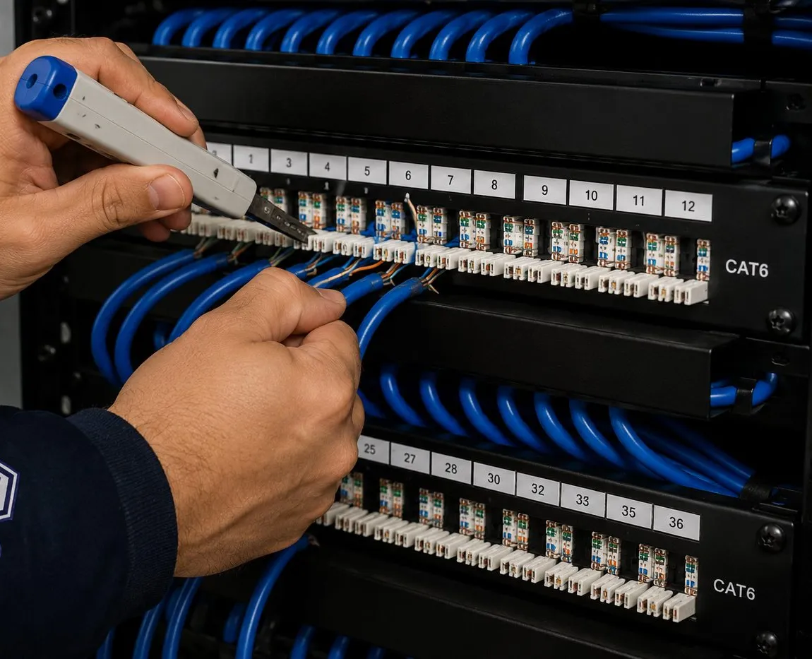 Sonos installation Forest Hills, Queens: hands using a punch-down tool to seat cable pairs into a numbered Cat6 patch panel in a rack