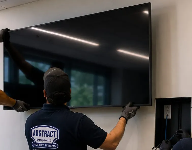 Sonos installation Forest Hills, Queens: flat-screen being lifted onto a wall by gloved hands, a recessed outlet box with blue cable set into the wall at the right