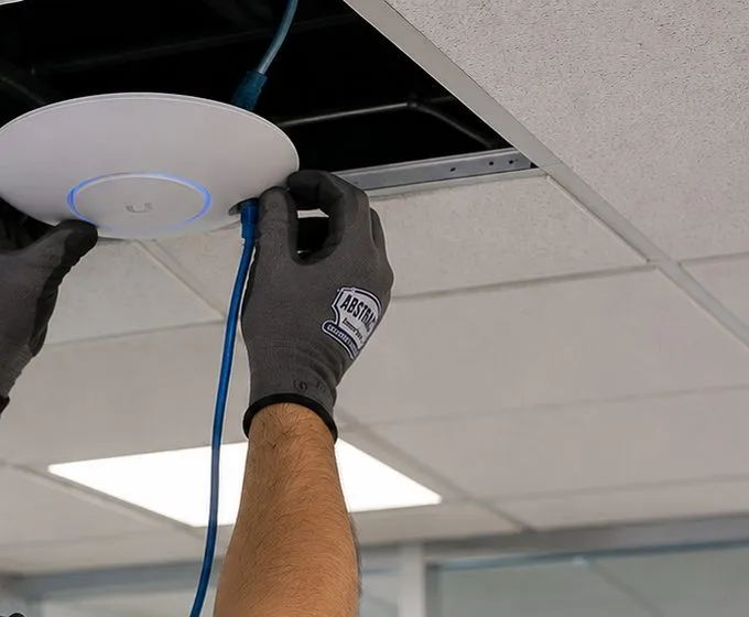 Sonos installation Great Kills, Staten Island: gloved hands raising a round white wireless access point with a blue ring light into an opening in a ceiling tile, its blue cable dropping from above
