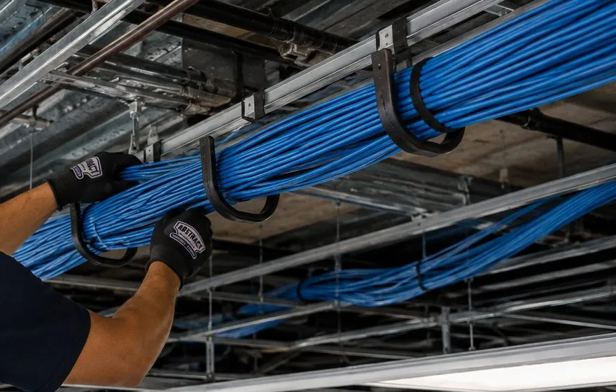 Sonos installation Great Kills, Staten Island: gloved hands settling a thick bundle of blue cable into black J-hooks hung beneath exposed overhead framing