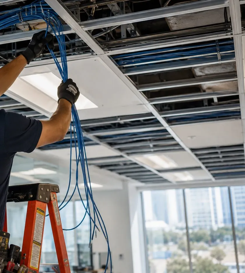 Sonos installation Great Kills, Staten Island: gloved hands lifting a long bundle of blue cable over the rails of an open suspended ceiling grid, an orange ladder below