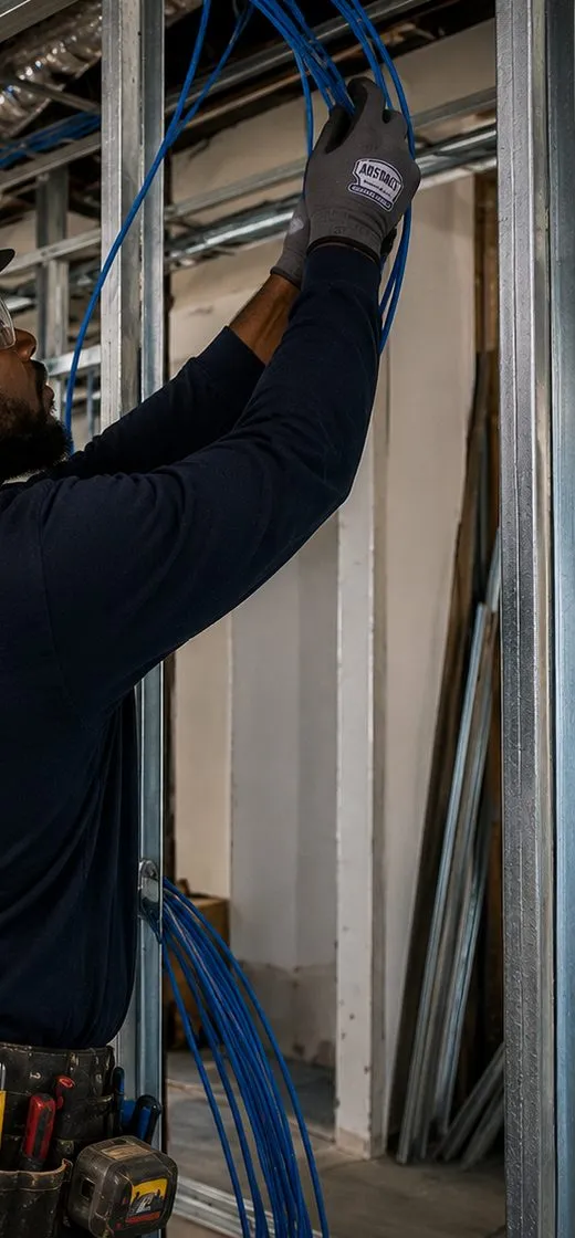 Sonos installation Great Kills, Staten Island: a gloved hand drawing a bundle of blue cable up through open steel wall framing before any wallboard is fitted