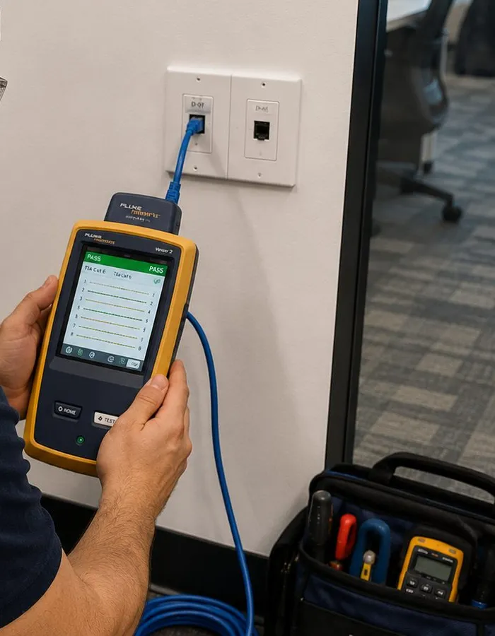 Sonos installation Great Kills, Staten Island: a handheld cable certifier with a results screen, its blue lead plugged into a white wall plate, a tool bag on the floor