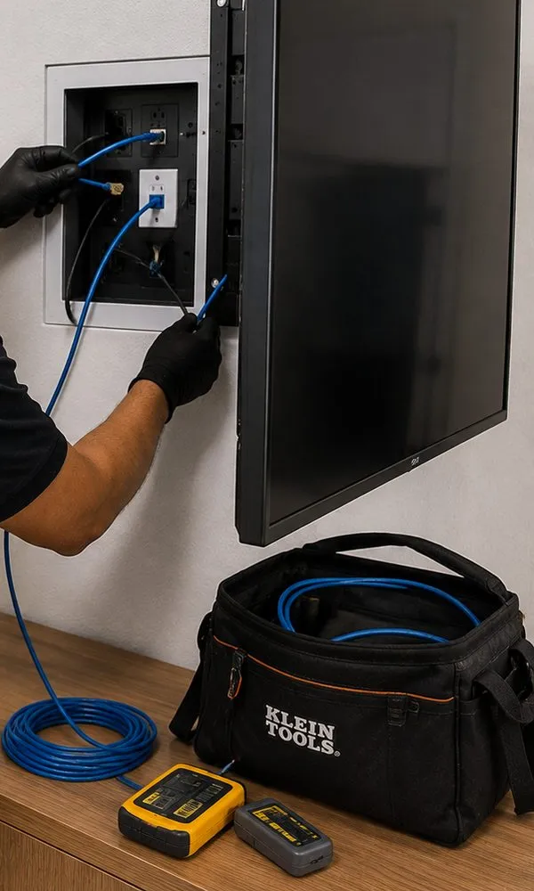 Sonos installation Great Kills, Staten Island: gloved hands connecting blue cable inside a recessed wall box next to a wall-mounted screen, a tool bag and two testers on the counter below