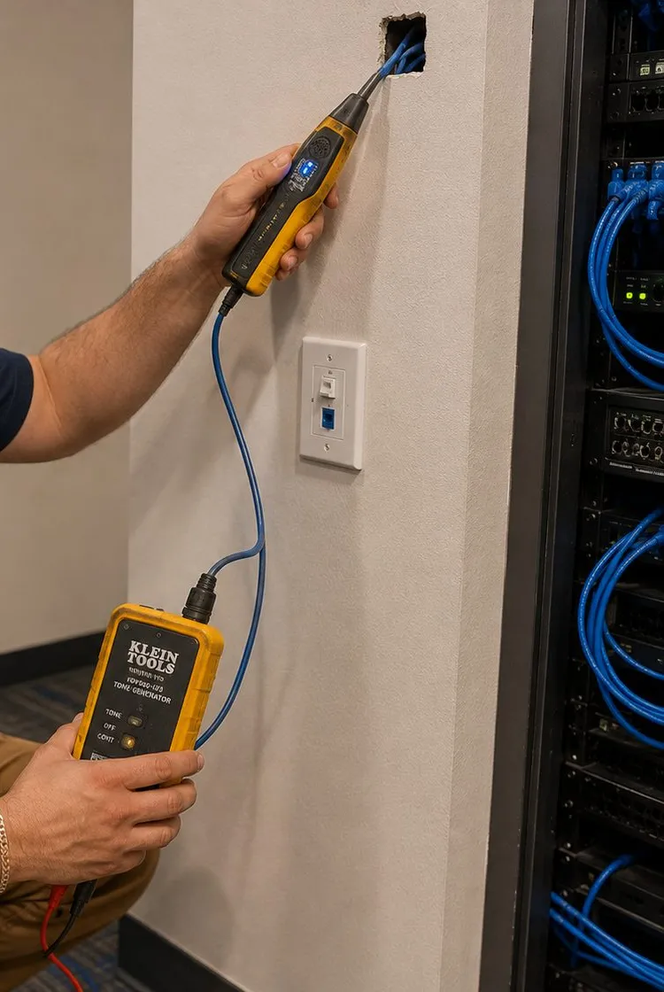 Sonos installation Great Kills, Staten Island: a hand holding a yellow tone probe to an open wall jack while the other hand holds a tone generator connected by blue cable