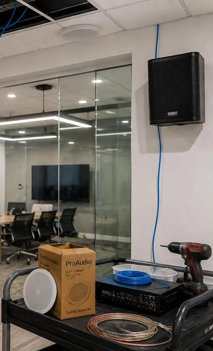 Sonos installation Great Kills, Staten Island: a black speaker mounted on a white wall beside a glass-walled meeting room, a cart below holding a boxed ceiling speaker, an amplifier, speaker wire and a drill
