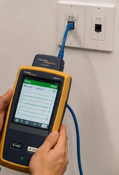 Handheld tester connected to a wall jack — Greenwich Village, Manhattan Sonos installation Sonos installation Greenwich Village, Manhattan: hands holding a yellow handheld cable tester showing a green PASS result, its blue lead plugged into a white wall jack