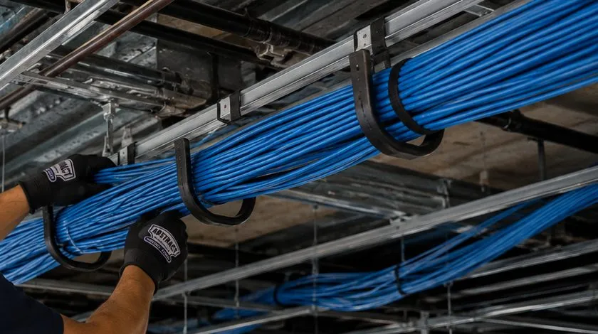 Cable bundle laid in J-hooks overhead — Greenwich Village, Manhattan Sonos installation Sonos installation Greenwich Village, Manhattan: gloved hands pressing a thick bundle of blue cable into black J-hooks hung from an exposed ceiling structure