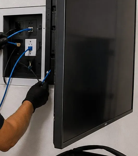 Recessed wall box wired behind a display — Greenwich Village, Manhattan Sonos installation Sonos installation Greenwich Village, Manhattan: a gloved hand connecting blue network cables inside a recessed black wall box beside the edge of a wall-mounted display