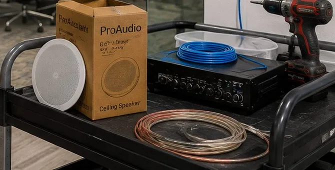Ceiling speaker, carton, amplifier and speaker wire on a work cart — Greenwich Village, Manhattan Sonos installation Sonos installation Greenwich Village, Manhattan: a round white ceiling speaker, a cardboard ceiling-speaker carton, a black amplifier with a coil of blue cable and a loop of copper speaker wire on a rolling cart