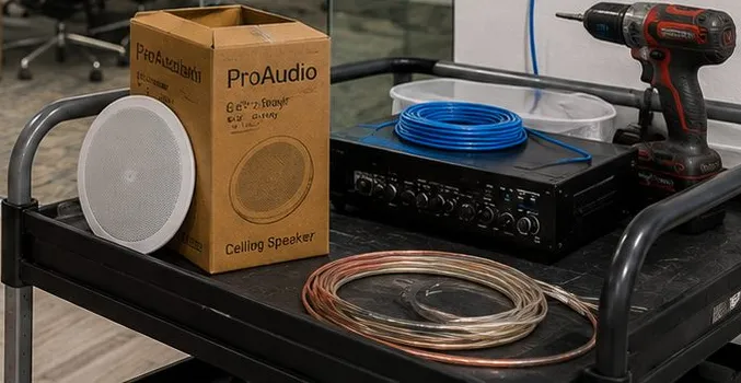 Amplifier, speaker and wire on a cart โ Grymes Hill, Staten Island Sonos installation Sonos installation Grymes Hill, Staten Island: wheeled cart holding a boxed ceiling speaker, a loose round speaker, a black amplifier, blue cable, copper speaker wire and a cordless drill