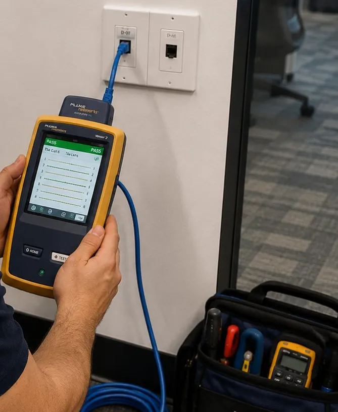 Cable tester reading pass at a wall jack โ Grymes Hill, Staten Island Sonos installation Sonos installation Grymes Hill, Staten Island: hands holding a yellow cable tester with a green pass screen connected to a white wall jack, a tool bag on the floor
