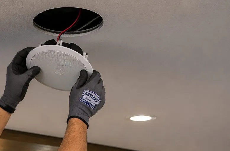 Ceiling speaker raised to a round cut-out โ Grymes Hill, Staten Island Sonos installation Sonos installation Grymes Hill, Staten Island: gloved hands lifting a round white ceiling speaker toward a circular ceiling opening with red wire, a wood beam and hanging lights behind