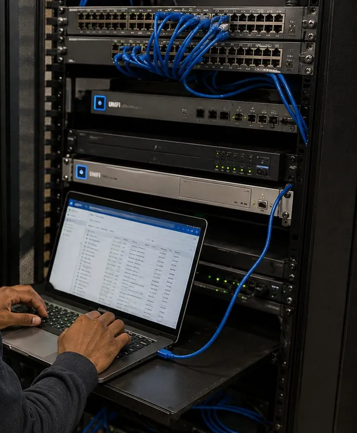 Laptop on a network rack shelf โ Grymes Hill, Staten Island Sonos installation Sonos installation Grymes Hill, Staten Island: hands typing on a laptop on a pull-out shelf in a black network rack with switches and blue patch cables above