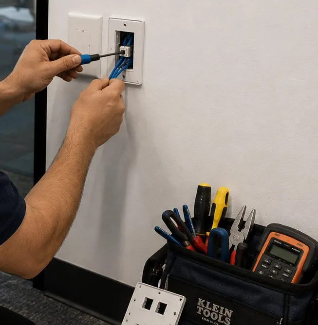 Network wall plate and tool bag โ Grymes Hill, Staten Island Sonos installation Sonos installation Grymes Hill, Staten Island: hands seating a network jack into a white wall plate with a small screwdriver, a tool bag with pliers and an orange meter below