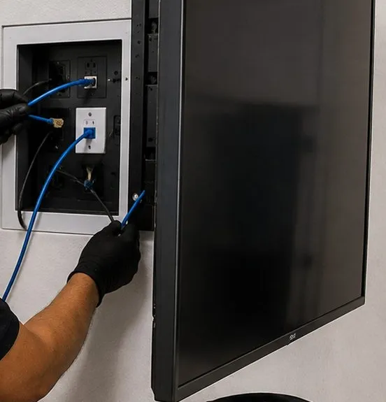 Recessed TV box cable hookup โ Grymes Hill, Staten Island Sonos installation Sonos installation Grymes Hill, Staten Island: black-gloved hands connecting blue network cables inside a recessed wall box with outlets beside a wall-mounted flat screen