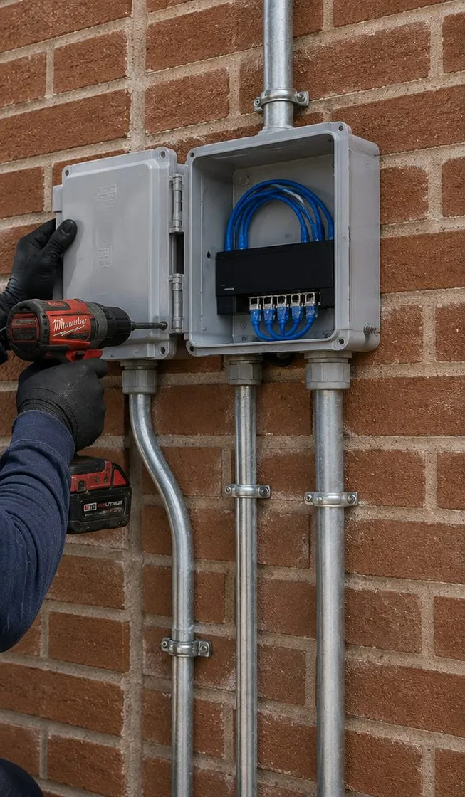Weatherproof boxes and conduit on brick โ Grymes Hill, Staten Island Sonos installation Sonos installation Grymes Hill, Staten Island: gloved hand with a red cordless drill fixing a grey weatherproof box to a red brick wall beside an open box of blue cable and metal conduit