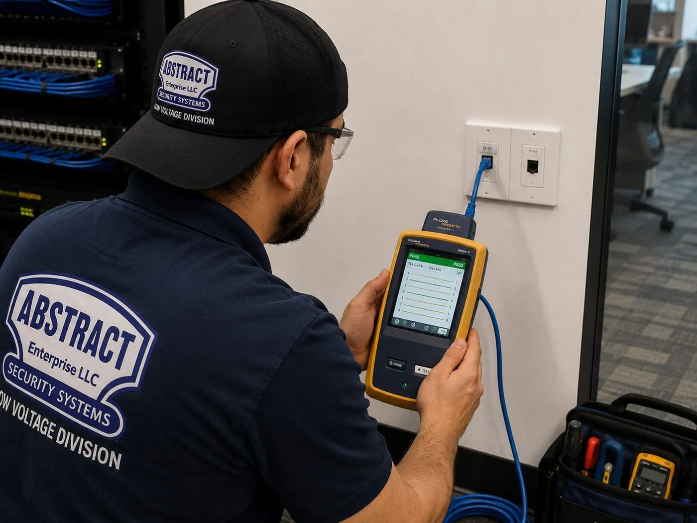 Testing a wall jack — verifying Ethernet for Sonos on Long Island Technician testing a network wall jack with a handheld cable certifier showing a pass result, the cable check behind Long Island Sonos wired zones