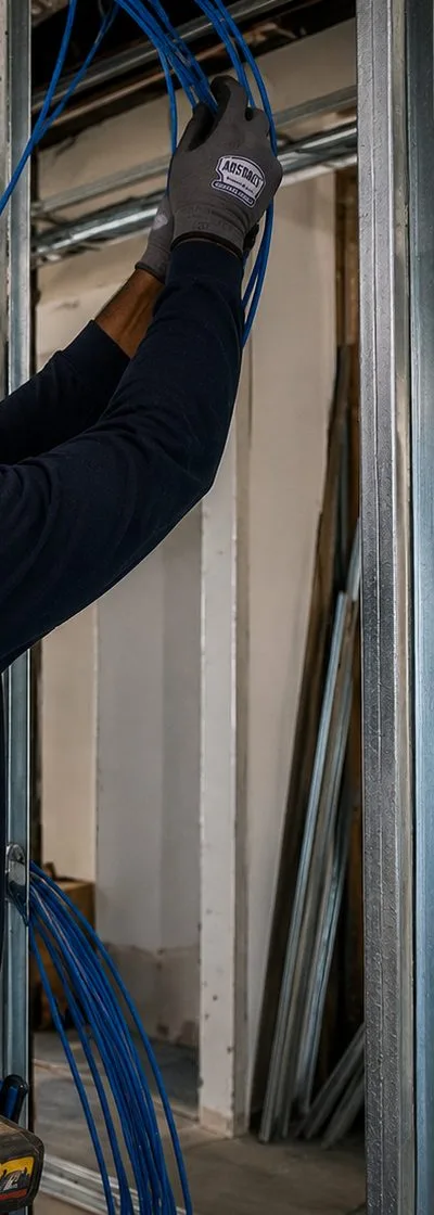 Sonos installation Long Island City, Queens: loops of blue cable hanging between metal studs in an open wall frame, with a gloved hand feeding cable from above