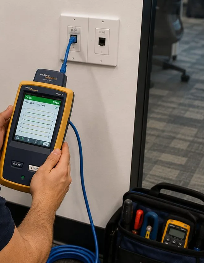 Sonos installation Long Island City, Queens: hands holding a yellow handheld cable tester connected by a blue patch cord to a white wall jack