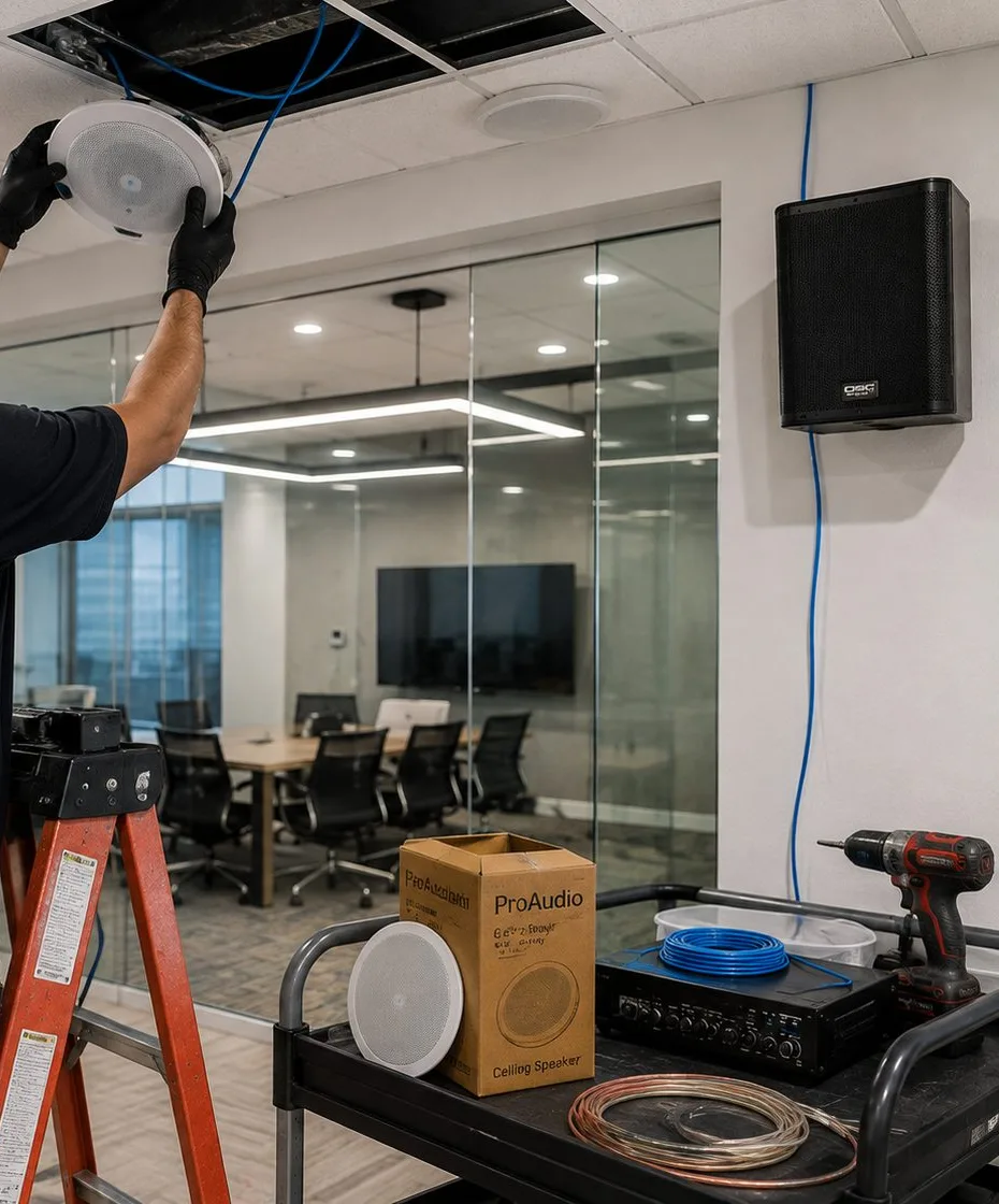 Sonos installation Long Island City, Queens: gloved hands fitting a round ceiling speaker beside a black wall speaker, with a glass-walled room and a cart of speaker parts below