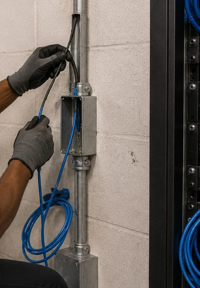 Sonos installation Long Island City, Queens: gloved hands pulling blue cable out of a metal junction box on vertical steel conduit fixed to a block wall