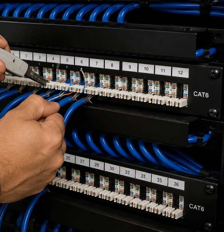 Sonos installation Long Island City, Queens: hands pressing a punch-down tool onto a numbered patch panel to seat blue network cables